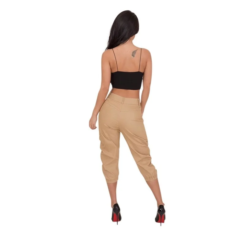 Sommer Casual Harlan Arbeitskleidung Sieben-Fuß-Hose Damen Faion Cross-Border Ultradünnes PU-Material Reißverschlusselement
