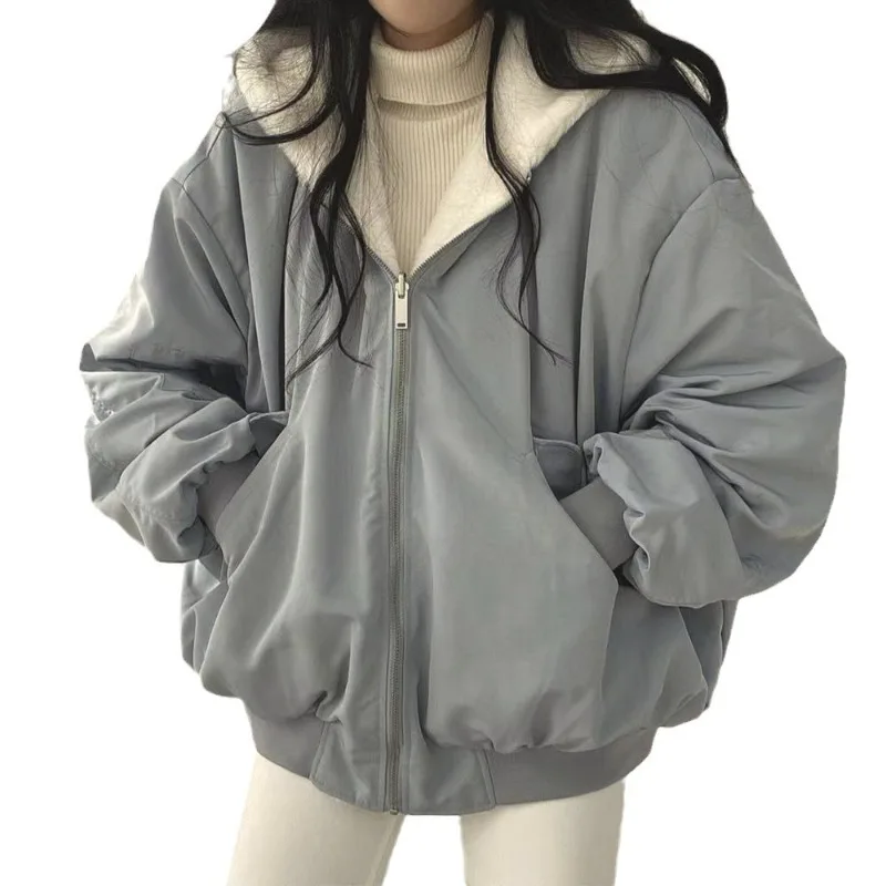 Jaqueta casual com capuz feminino, Parkas grossas, camada dupla, confortável, estilo coreano, simples, sólido, quente, fofo, inverno, outono, 2023