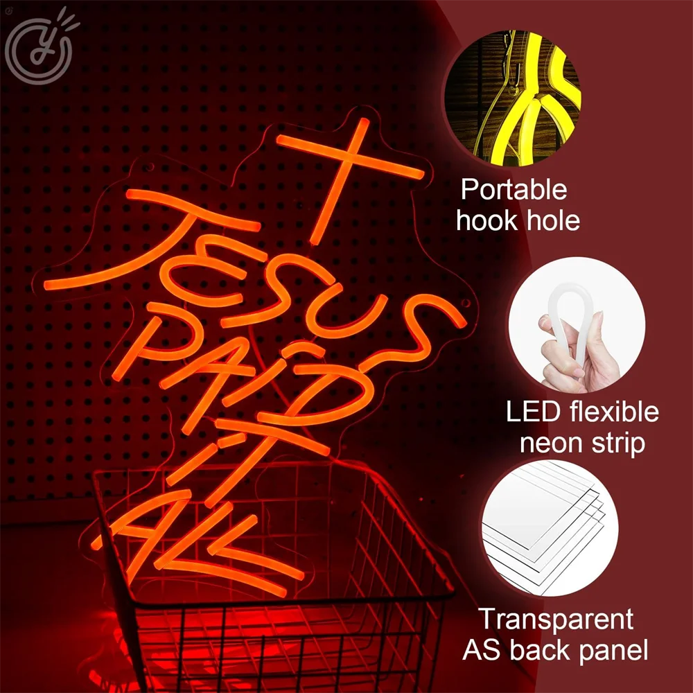 Jesus Paid it All Neon Sign LED Jesus Cross Wall Decor USB Powered for Bedroom Christening Baby Shower Decor Christian Symbol