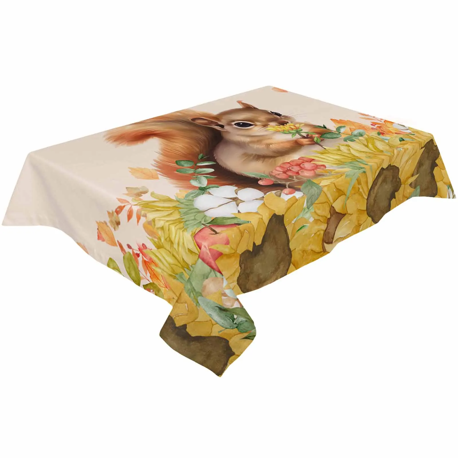 Autumn Watercolor Squirrel Sunflower Waterproof Table Cloth Holiday Wedding Party Rectangular Table Cover Home Kitchen Decor