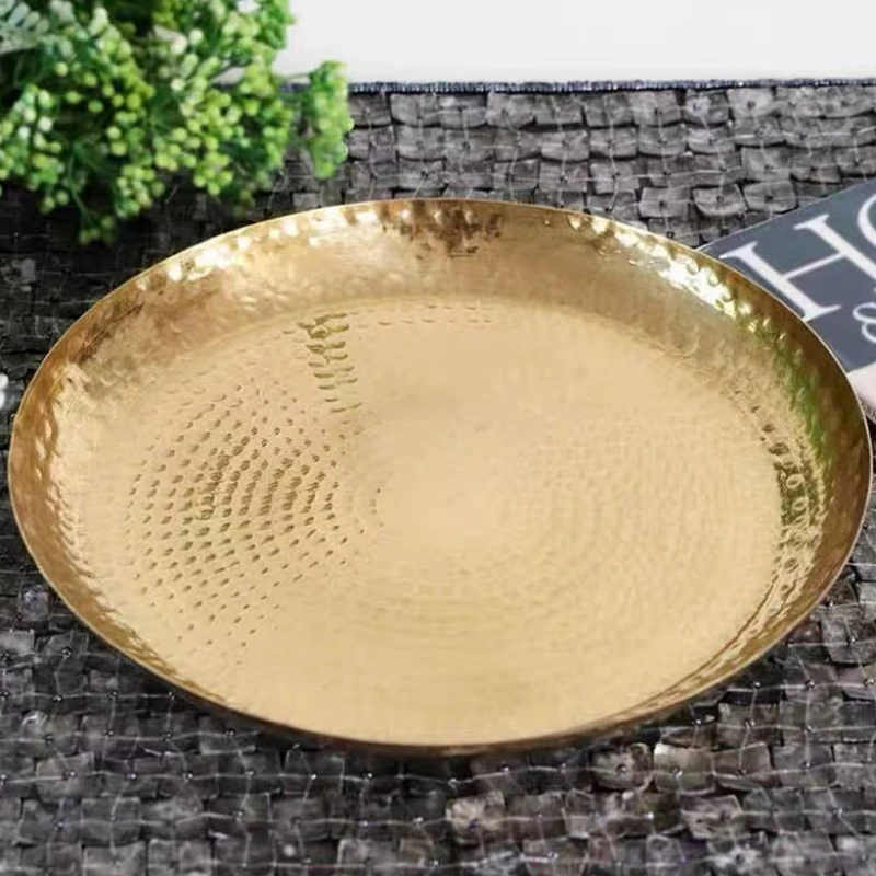 Vintage Engraving Hammer Texture Brass Coffee Cup Tray,Teacup Saucer Home Cheese 35 cm Fruit Plate,Snack Disc Table Decoration
