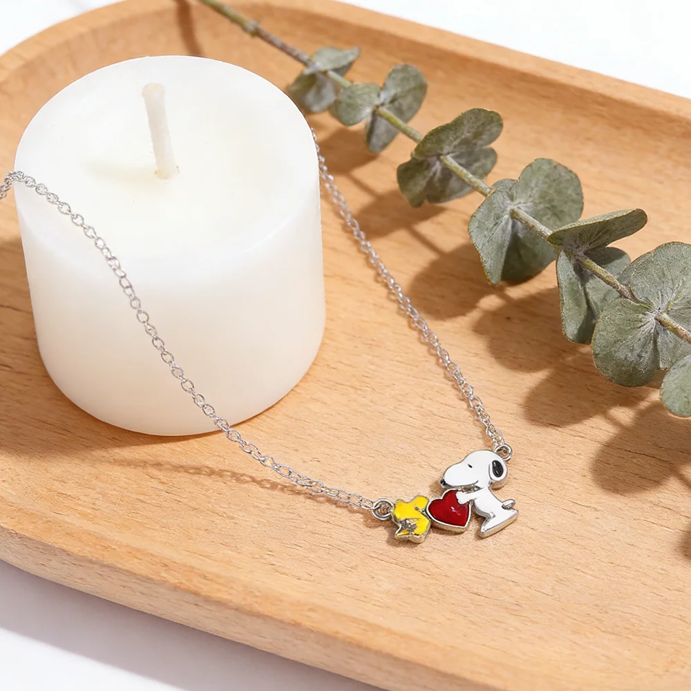 Cartoon Ainme Snoopy Zircon Oil Drop Pendant Necklace Trendy Item Best Friend Couple Sweater Chain Jewelry Accessories