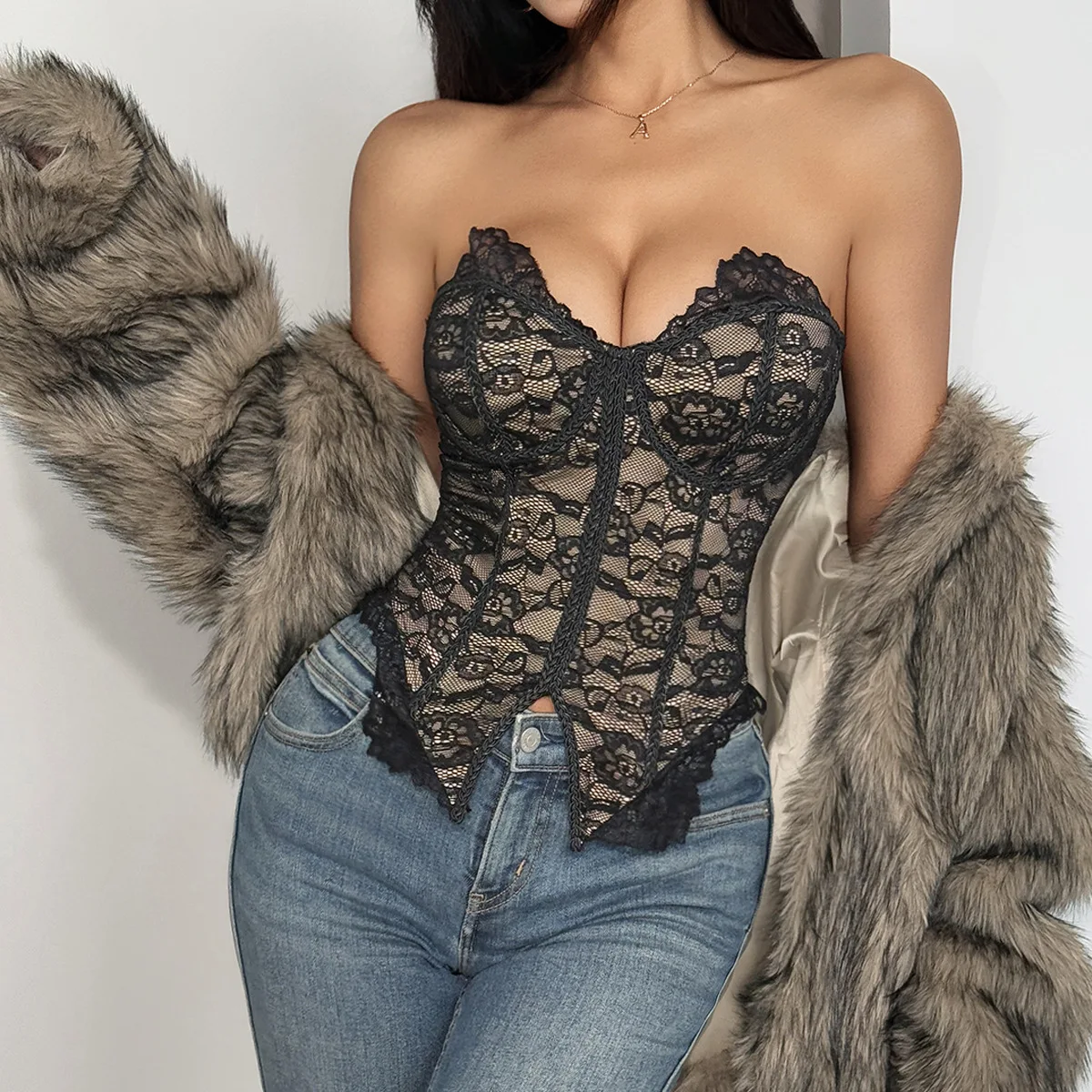 Sexy Strapless Corset Top, Faux Leather & Lace Bustier for Party & Night Outins Low Chest Hottie Lace Sexy Breast Wrap Internet