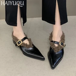 Pointed Toe Fur Women Shoes Flats Fashion Shallow Shoes Woman 2024 Trend Brand Mary Jane Cotton Shoes New Mujer De Snow Botas