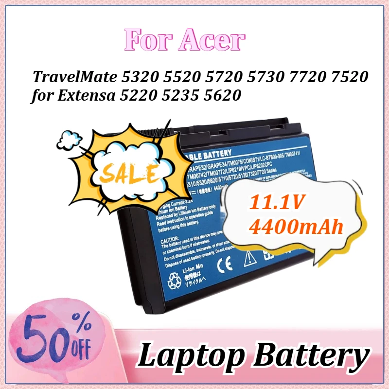 

Аккумулятор для ноутбука 11.1V 4400mAh GRAPE32 для Acer TravelMate 7720 7520 5320 5520 5720 5730, Extensa 5220 5235 5620 5630 7620