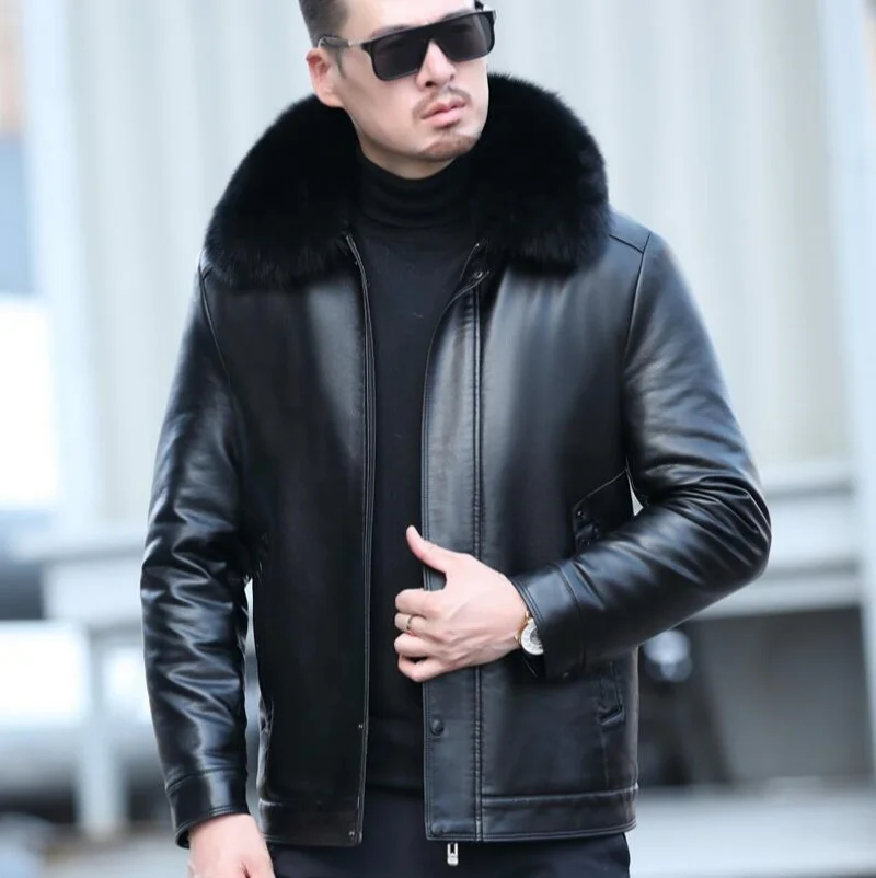 

Men's Fur One Casual Thickened Motorcycle Jacket Mens Sheep Leather Coat Male Plus Cashmere Sheep Leather Jacket Short Coat
