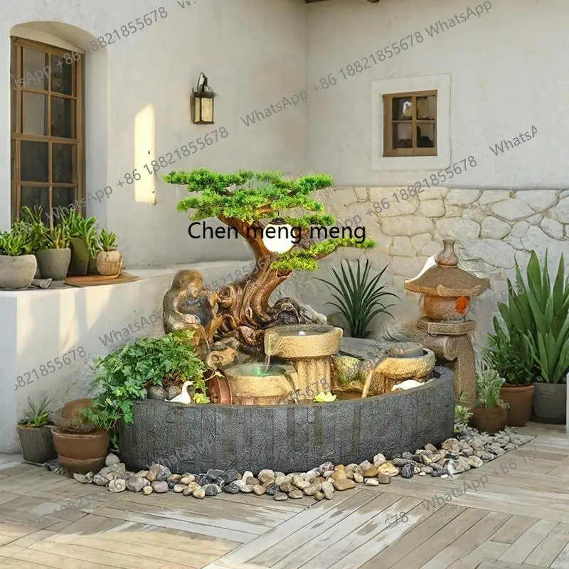 

Garden fish pond rockery flowing water fountain ornament circulating water landscape outdoor, landscaping decoration