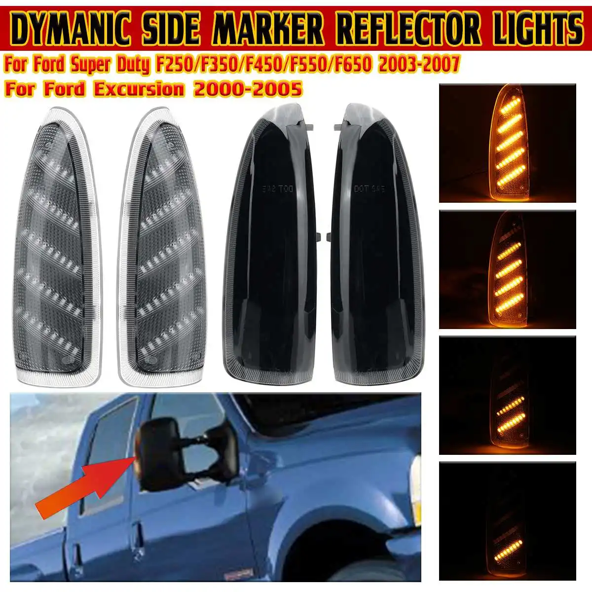 2x LED Dynamic Side Rearview Mirror Indicator Light for Ford Super Duty F250 F350 F450 F550 2003-2007 Excursion Turn Signal Lamp