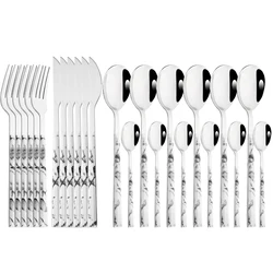 Drmfiy 24Pcs White Silver Flatware Set Knife Fork Spoon Dinnerware Set Stainless Steel Cutlery Set Marble Handle Tableware Set