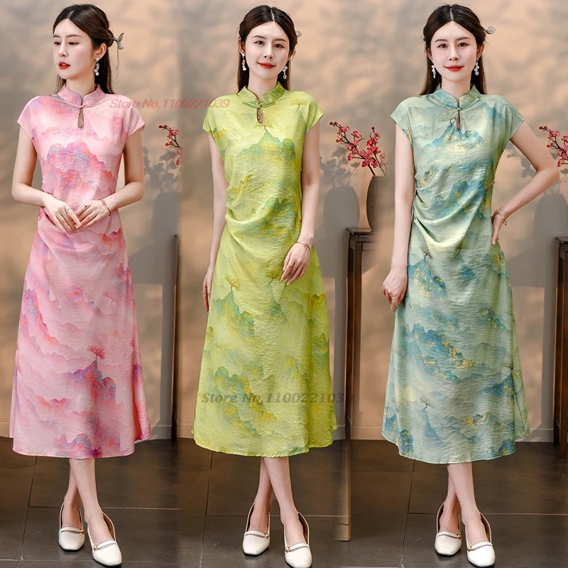 

2024 chinese vintage dress improved cheongsam national flower print a-line loose qipao oriental traditional folk dress vestido