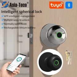 Round Knob Fingerprint Smart Electric Lock Tuya App Bluetooth Biometric Easy Replacement + Mechanical Key For Home Office Hotel