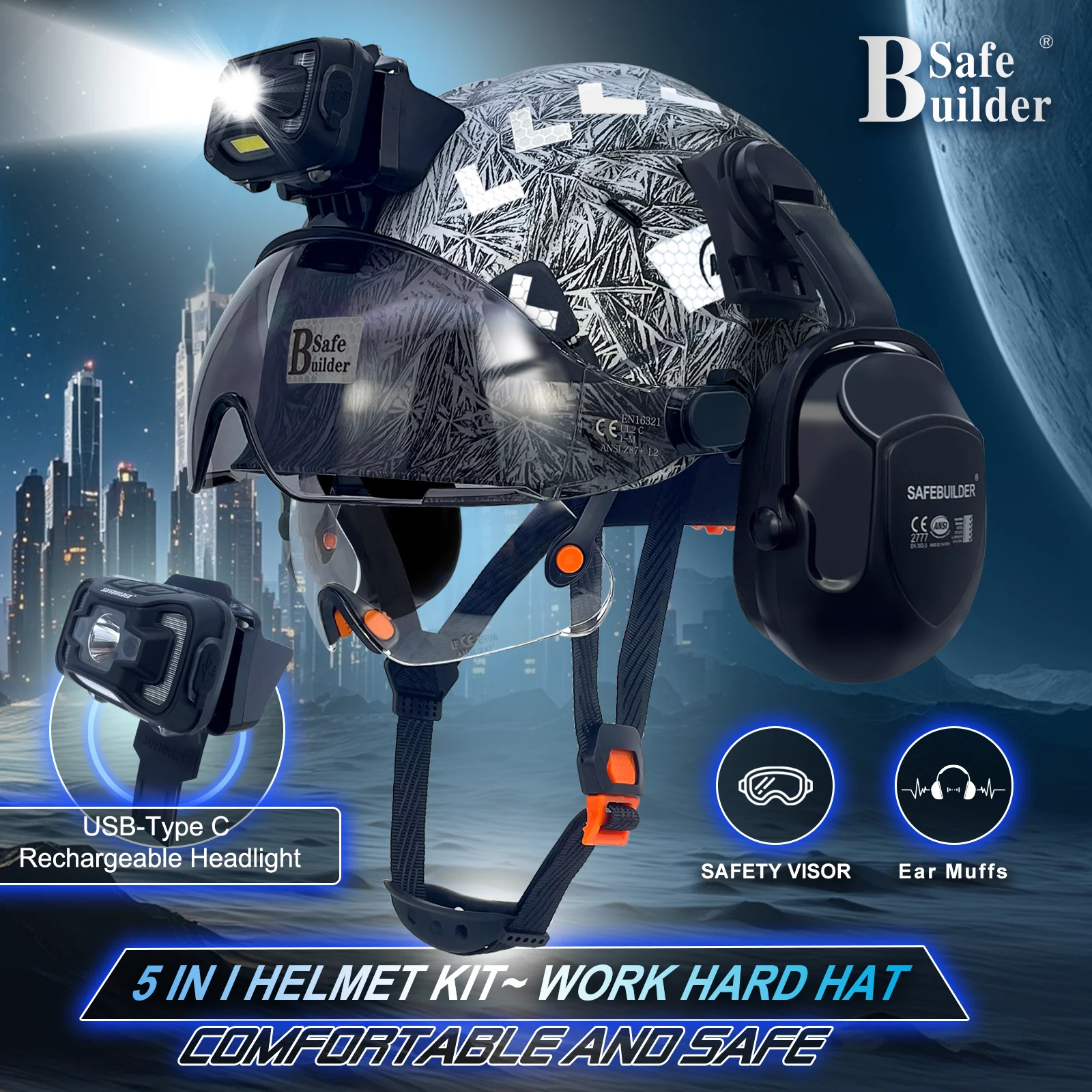 قبعة صلبة للسلامة الصناعية CE EN397 مع قناع وخوذة أمان للمصابيح الأمامية المدمجة للعمل الصناعي الخارجي #2