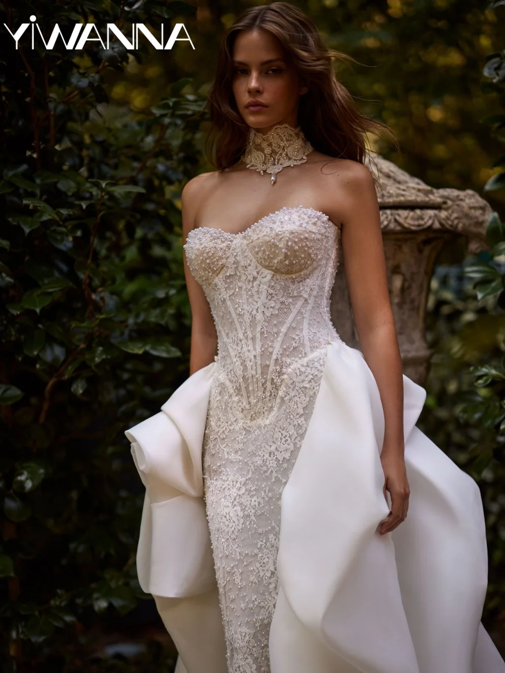 New Detachable Train Pearls Lace Wedding Dress Sweetheart Neck Long Bridal Gown Customzied Gorgeous Mermaid Dresses For Bride