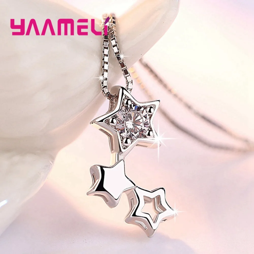 Delicate Twinkling Star Shape Zircon Pendant Necklace Trendy 925 Sterling Silver Box Chain Necklace for Women Party Jewelry Gift