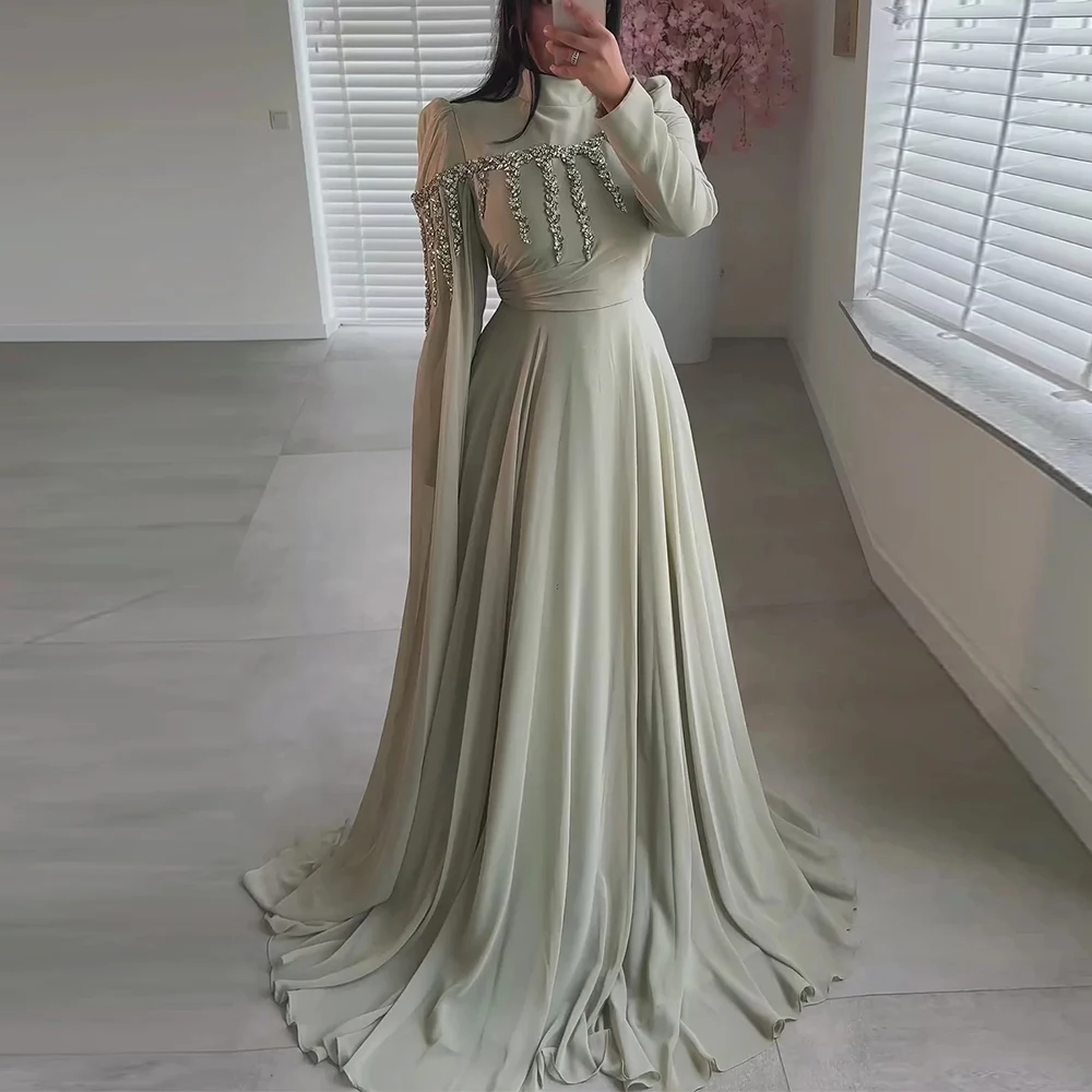 Maßgeschneiderte Kristall-Abendkleider für Damen, Chiffon, luxuriöses Partykleid, volle Ärmel, bodenlang, formelles Abendkleid 2026