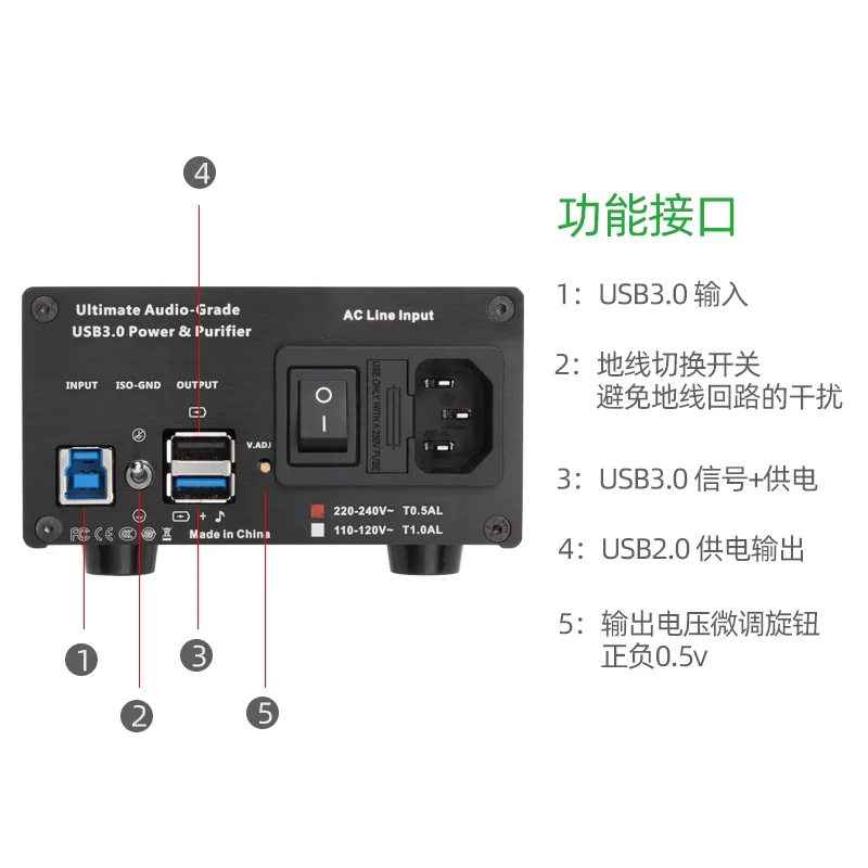 Purificador HiFi USB 3.0, Filtro de Sinal Equilibrado, Ruído Embutido, Febre 25W, Fonte de Alimentação Linear DC