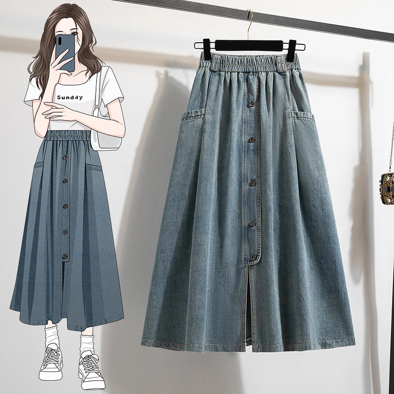 High Waist A-Line Midi Skirt Women's Summer Jeans Half-length Single Button Slimming Umbrella Skirt Commute Style Pure Color