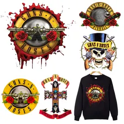 GUNS N ROSES Patches on Clothes Flower Skull Iron on Transfers for Clothing Thermoadhesive Patch Punk Hippie Rock Band Patch