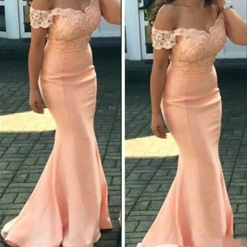 

Custom Make Arabic Bridesmaids Dresses Off Shoulder Peach Mermaid Maid of the Honor Wedding Guest Dress vestido de festa longo