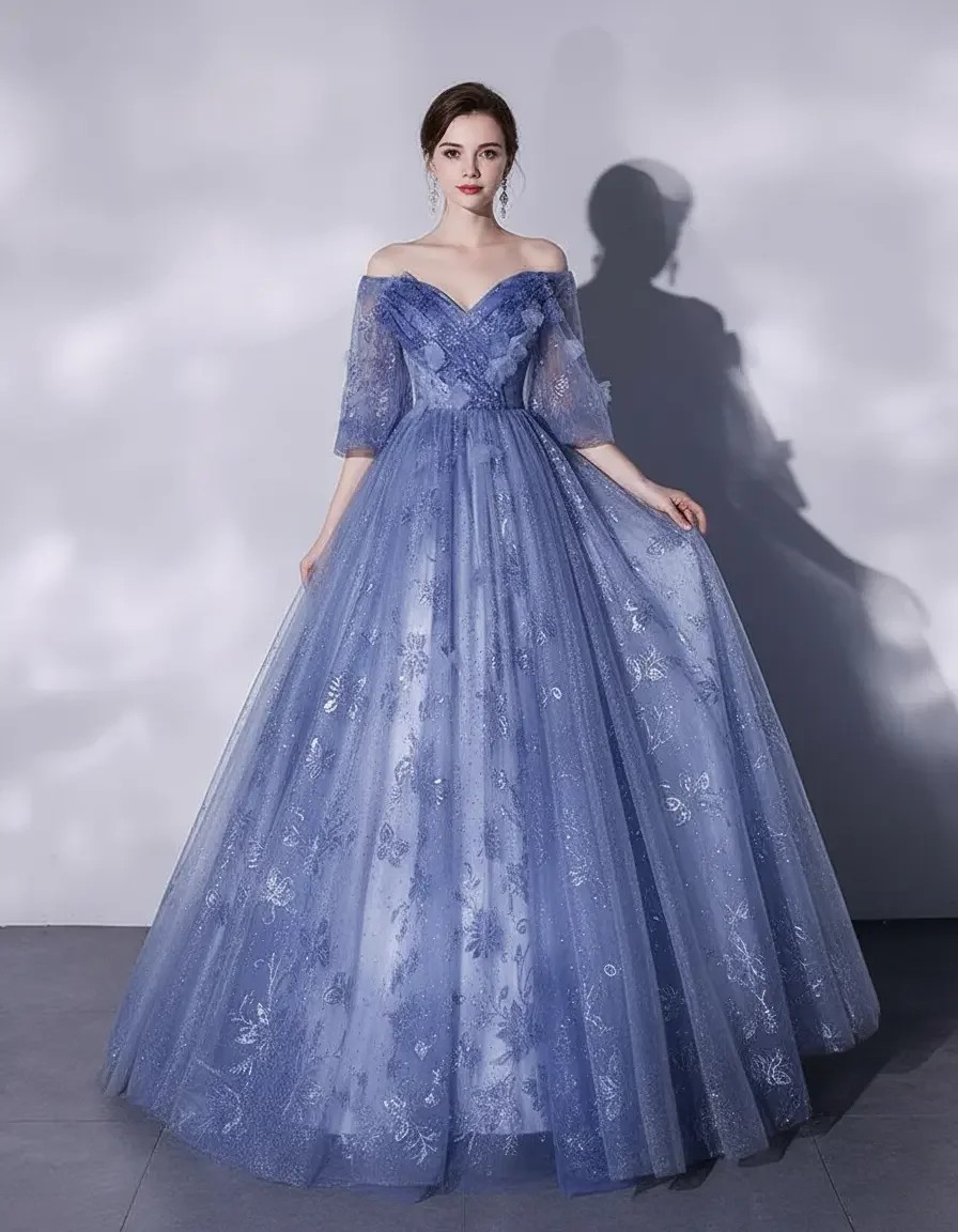 

Dusty Blue Off Shoulder Tulle Ball Gown with Sequin Floral Embroidery & Corset Back for Quinceanera, Prom & Formal Events