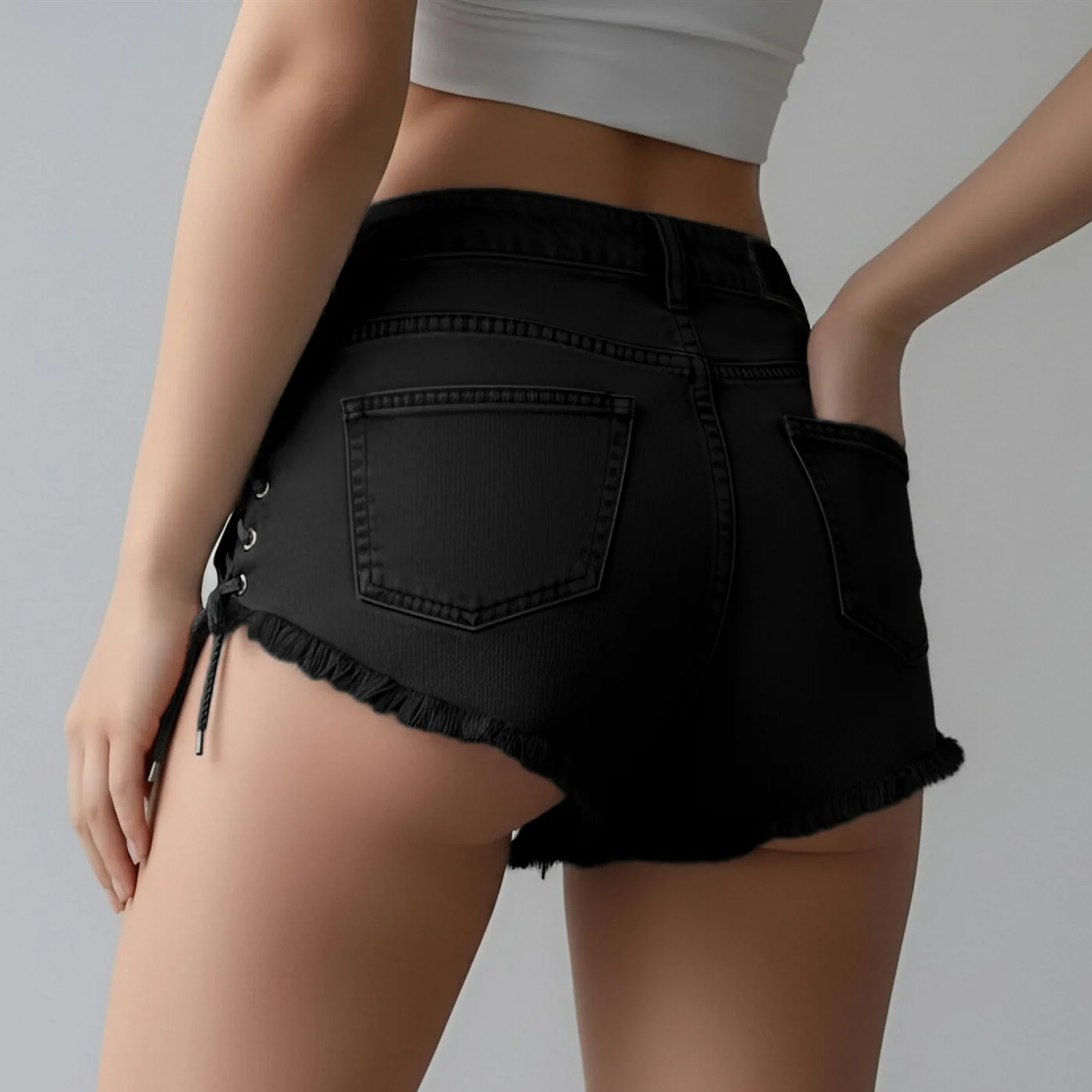 2026 New Summer Women's Lace-up Strap Denim Shorts Washed Beach Y2k Shorts