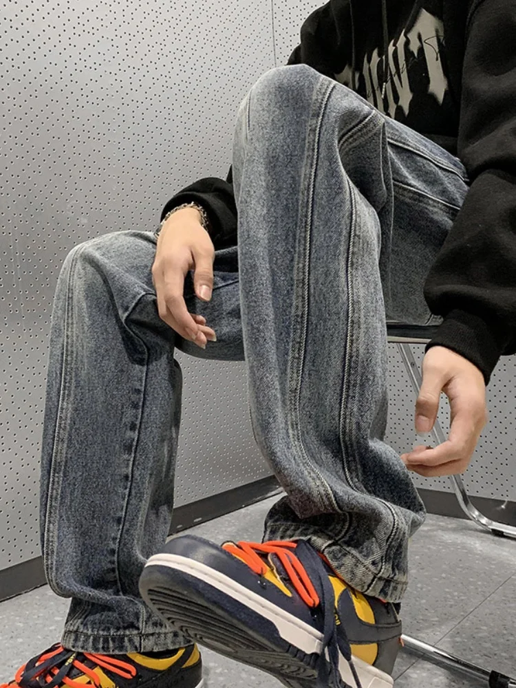 

Retro American Style Men's Jeans Spring Autumn Straight Leg Long Pants Worn Washed Durable Casual Fashionable Straight Tube
