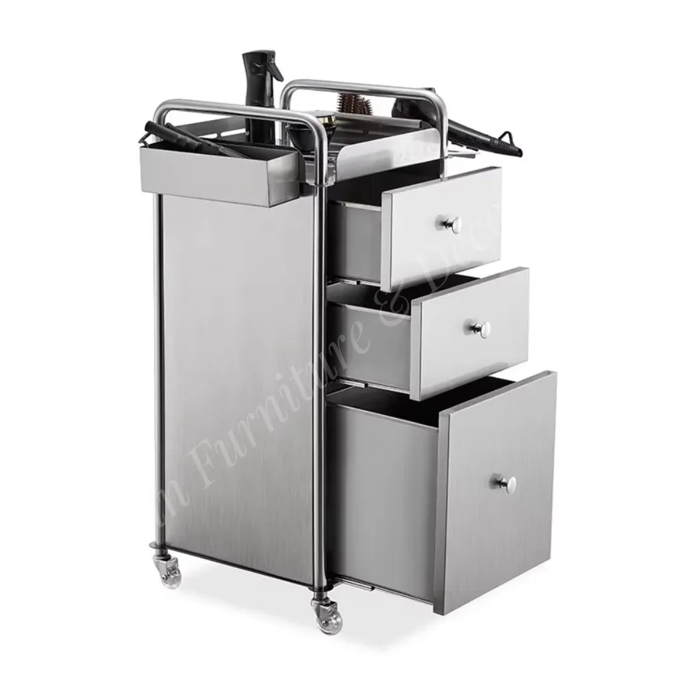 Stainless Steel Modern Barber Shop & Beauty Salon Storage Cabinet with 4-Wheel Trolley Multifunctional Display Rack