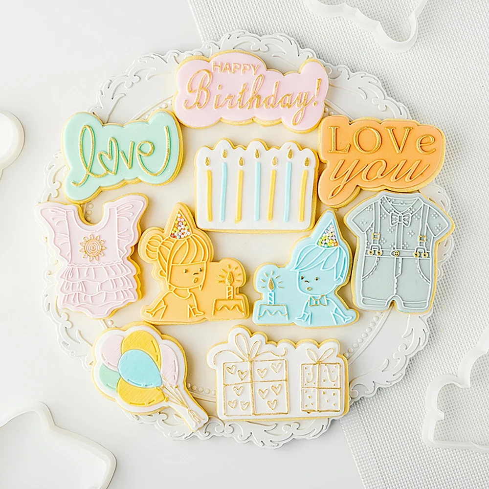 Cute happy birthday Love Cookie Plunger Cutters Fondant Cake Mold Biscuit Sugarcraft Cake Decorating Tools Cookie Stamp