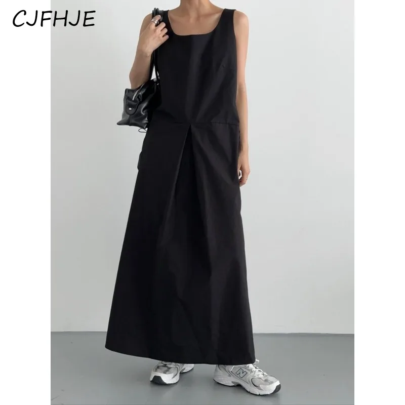 CJFHJE French Fashion Design Women's Solid Color Vest Dress New Summer Minimalist Women Casual Sleeveless Square Neck Long Dress