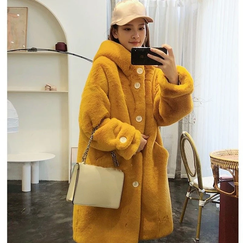 2023 New Winter Women Faux Rabbit Fur Coat Thick Warm Female Plush Coats Loose Long Fur Coat Large Size Hooded OverCoat