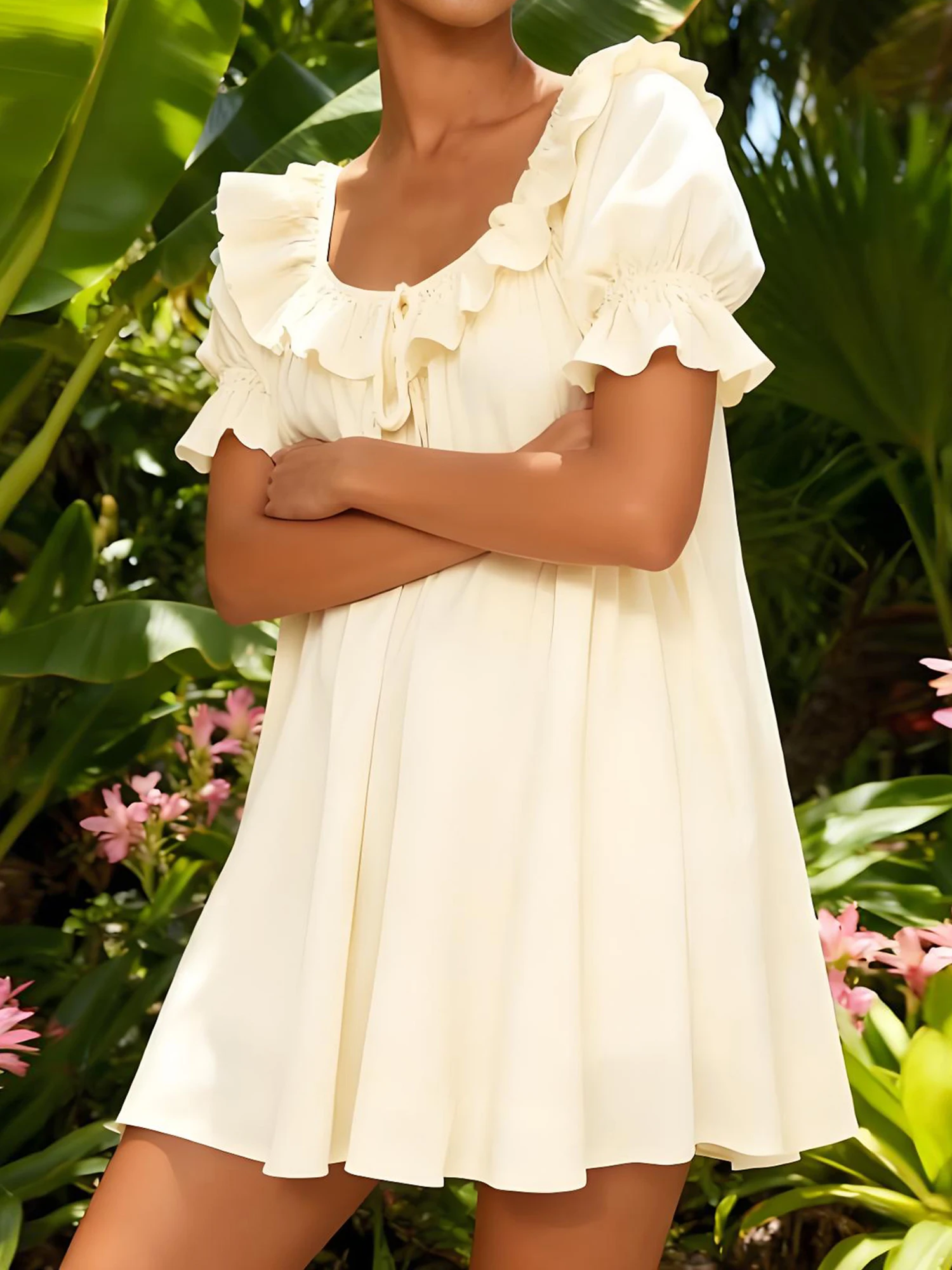 Vestido de maternidad elegante con cintura imperio y detalle de encaje floral Vestido de embarazo hasta la rodilla de manga corta con cuello en V