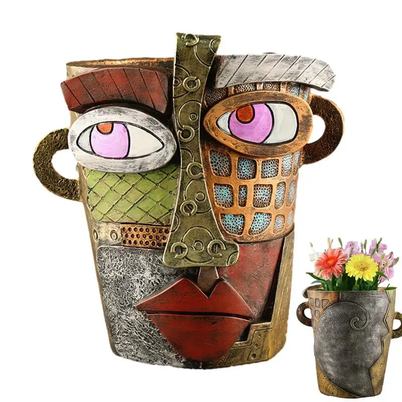 Planter Face Colorful Abstract Face Head Planter With Handles Funny Succulent Planter Creative Resin Head Flower Pots For Living