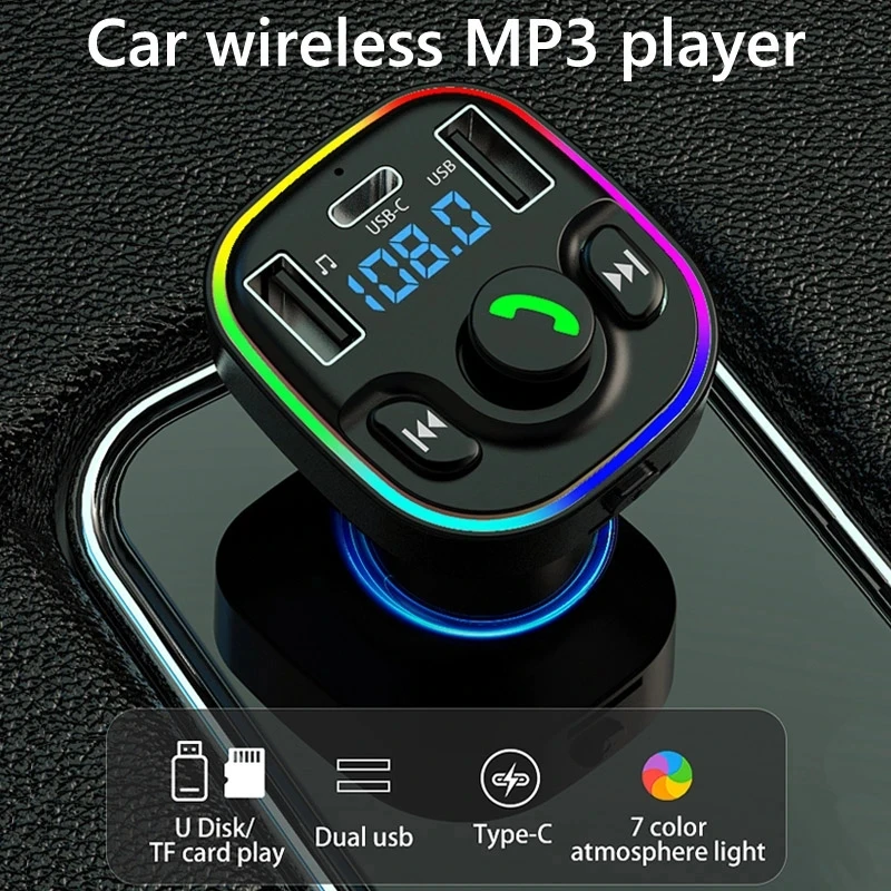 LOLOAGO Car FM Transmitter MP3 Player Bluetooth 5.0 with Dual USB Type C Charger Colorful Light Handsfree Call for Vehicle