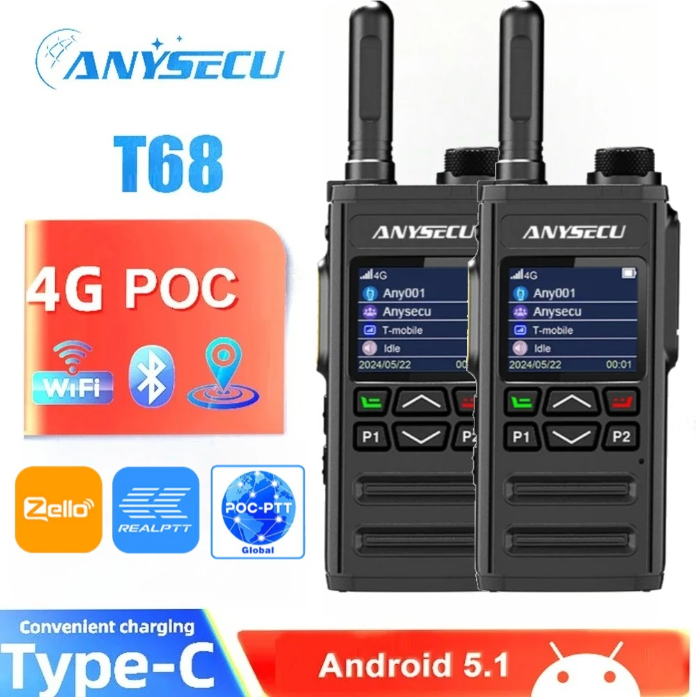 ANYSECU T68 2 Pack 4G LTE Network Radio Android PTT PoC Two Way Radio Handheld Walkie Talkie WiFi GPS SIM Card