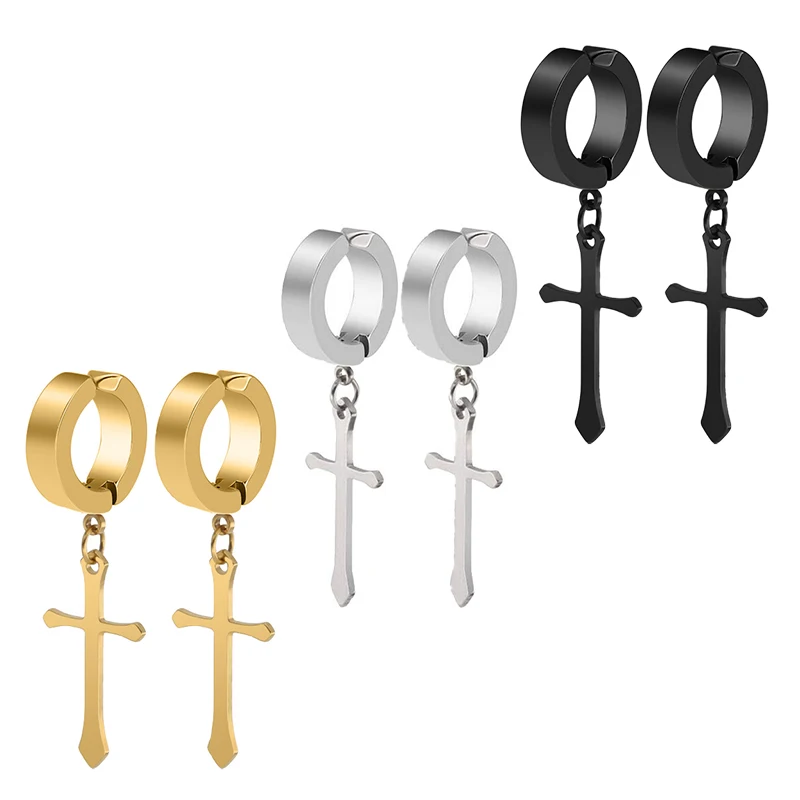 Fashion Titanium Steel Cross Ear Clip Earrings For Men Women Stainless Steel Punk Black Single Earring Fake Earrings Jewelry