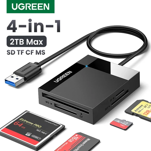 UGREEN-lector de tarjetas USB 3,0, adaptador de tarjeta Flash compacto para ordenador portátil, 4 en 1 inteligente lector de tarjetas, SD, Micro SD, TF, CF, MS