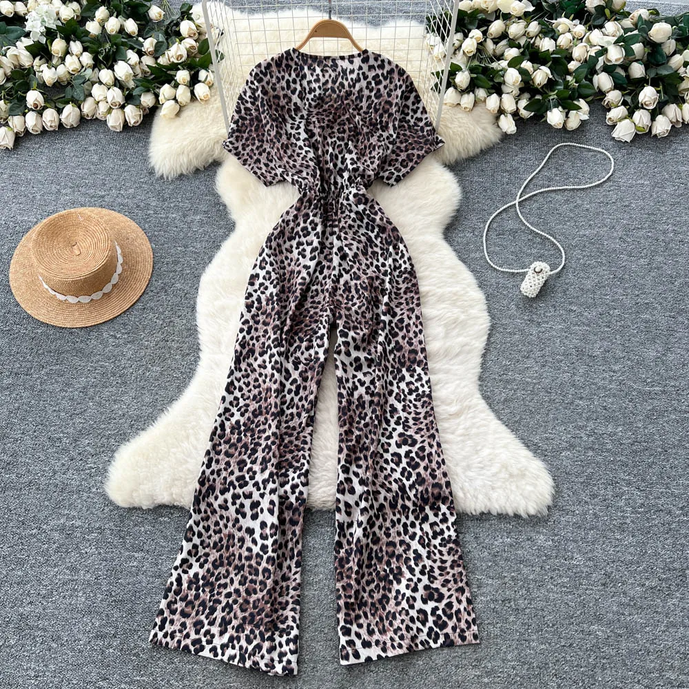 Verão casual playsuits para mulher impresso batwing manga calças de perna larga macacão leopardo vintage com decote em v novo em 2025 chique