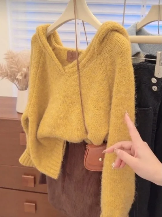 

Soft Cozy Women's Knitted Hat Long Sve Hoodie Yellow Spring Faionable Comfortable Breathable Korean Sle Loose Fit Top