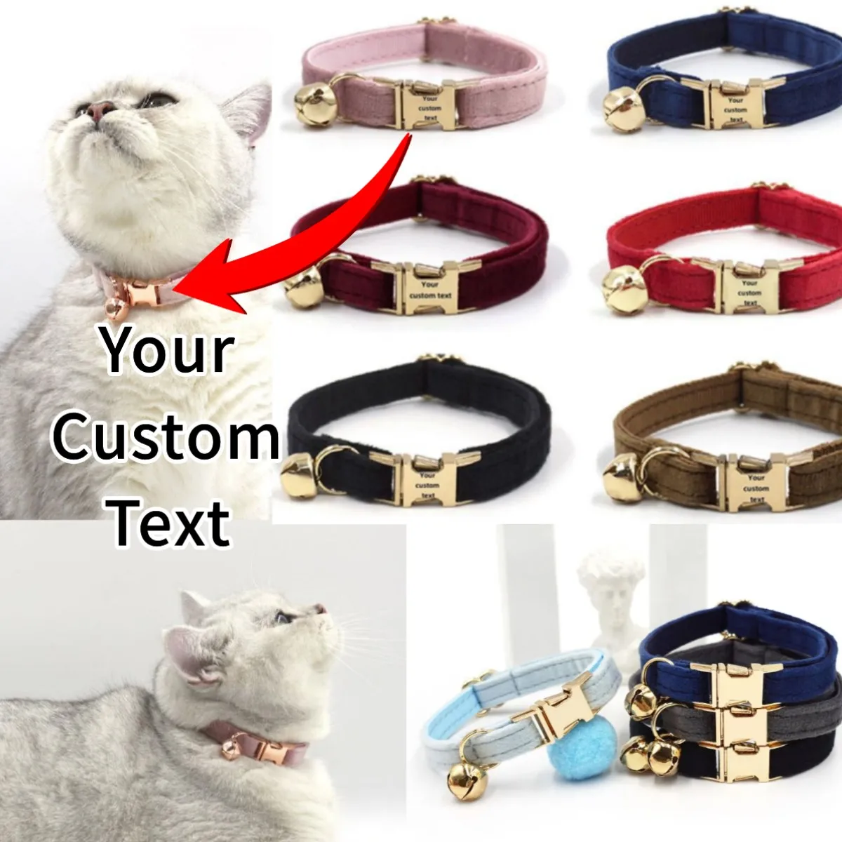 Collar de terciopelo personalizado para gatos, Collar con nombre grabado personalizado para mascotas, suministros para gatos, Collar para gatos, cinturón con campana, accesorios para mascotas