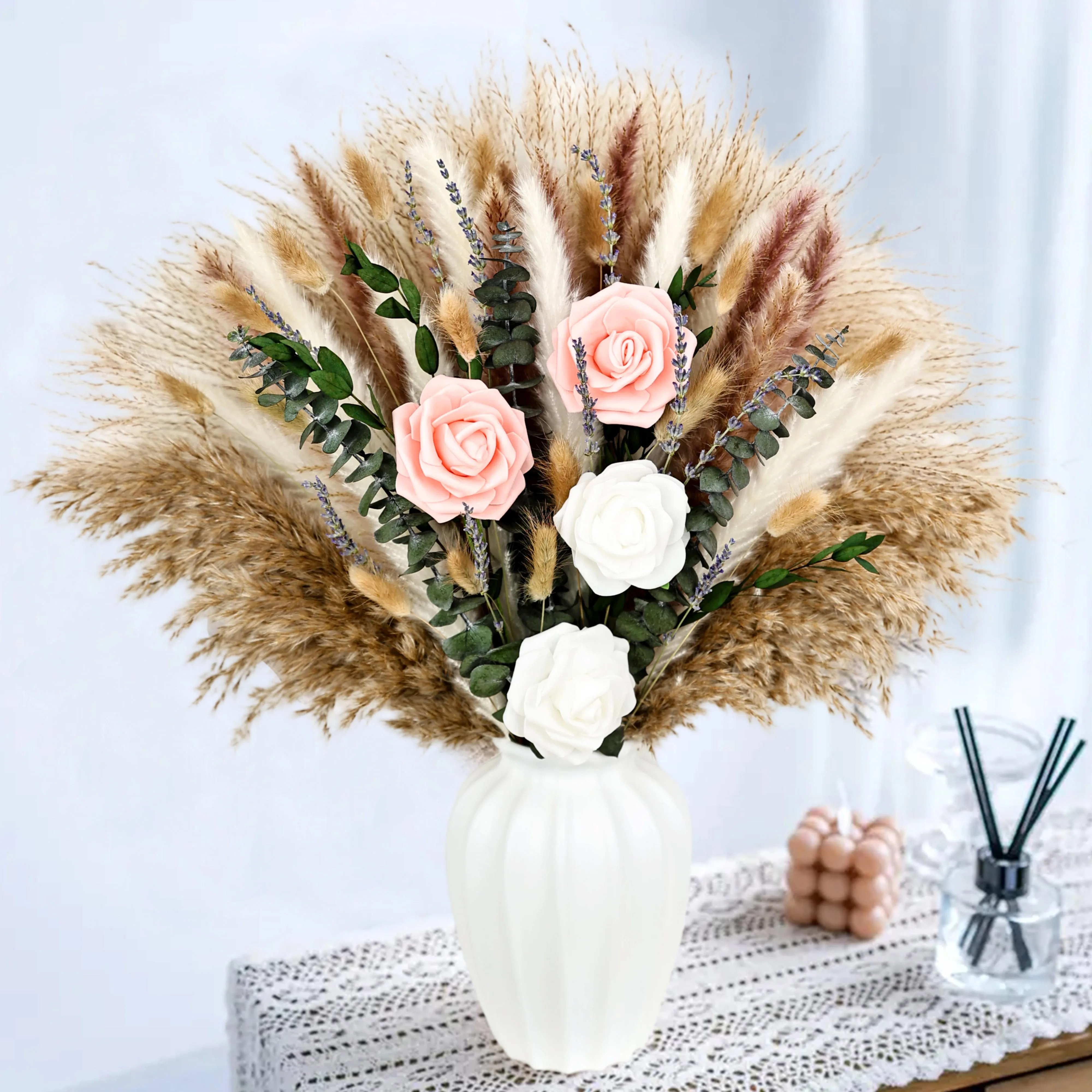 

Artificial Dried Flower Bouquet Faux Rose Mix Pampas Grass Preserved Eucalyptus Leaves Decorative Home Vase Filler Bedroom Decor