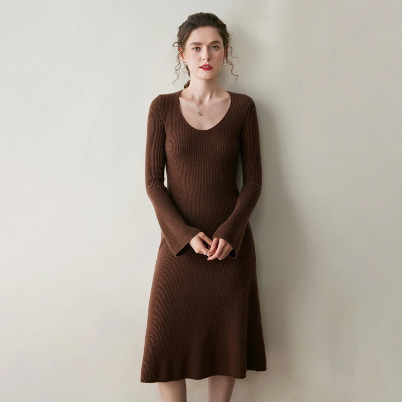 

Womens Elegant Cashmere Sweater Dresses 100% Cashmere Silm O-Neck Casual Knitted Skirt Fall Winter Ladies Cashmere Dress Clothes