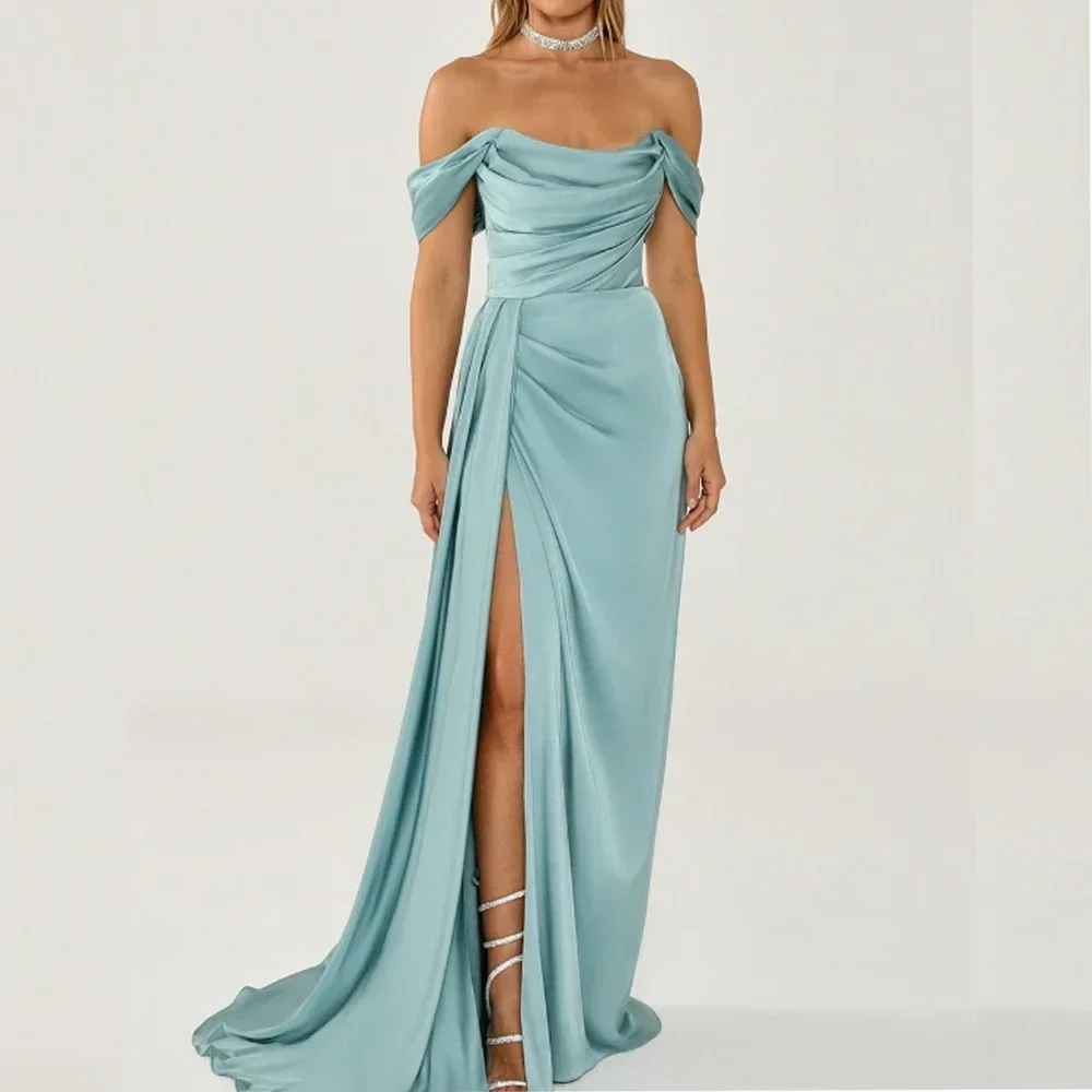 

Customized Exquisite Formal Simple Jersey Pleat Ruched A-line Off-the-shoulder Long Dresses Party Dresses High Quality Sexy Ret