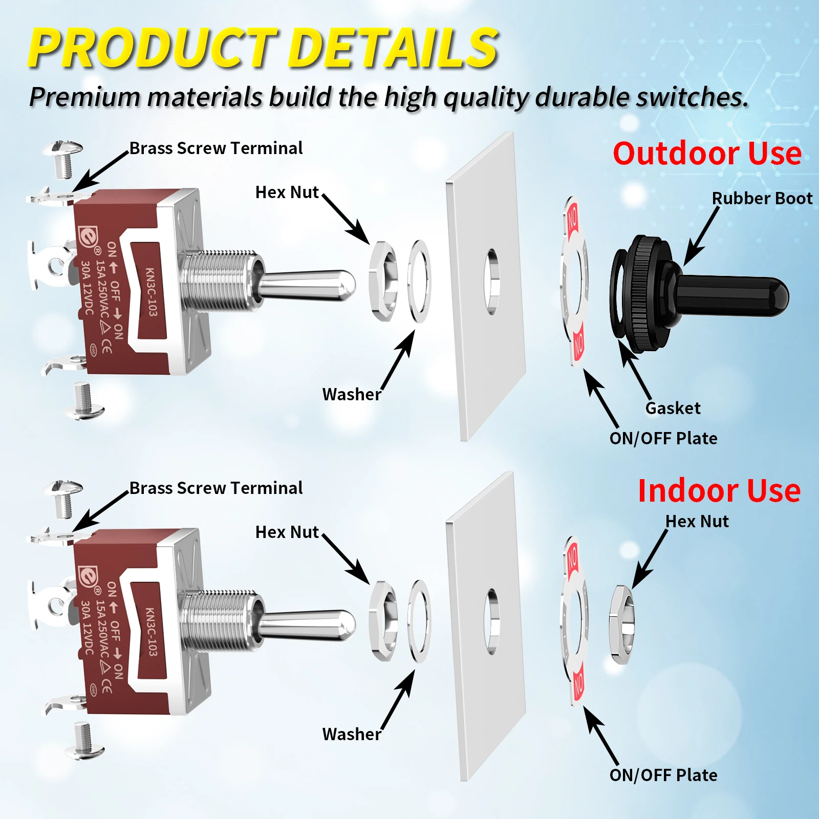 3PCS Waterproof 30A Toggle Switch 12V Marine ON Off ON 3 Pin 3 Position SPDT 12 Volt DC 3 Way Toggle Switch with Boot Cap