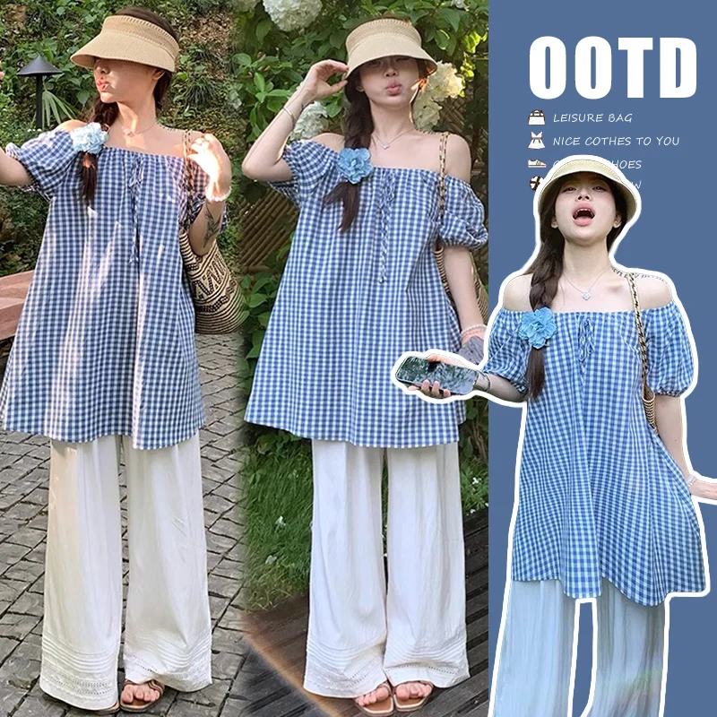 夏のマタニティ服チェック柄半袖トップワイドレッグパンツ2点セットおしゃれレディスタイル綿インナー薄手綿