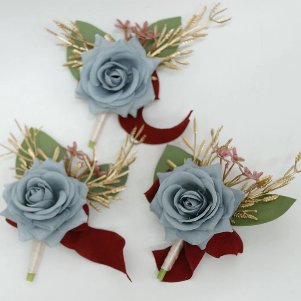 Dusty Blue Handmade Boutonniere Casamento para a Noiva, Silk Rose, Lace Corsage, pulseira de pulso para damas de honra, noivo Casamento Acessórios