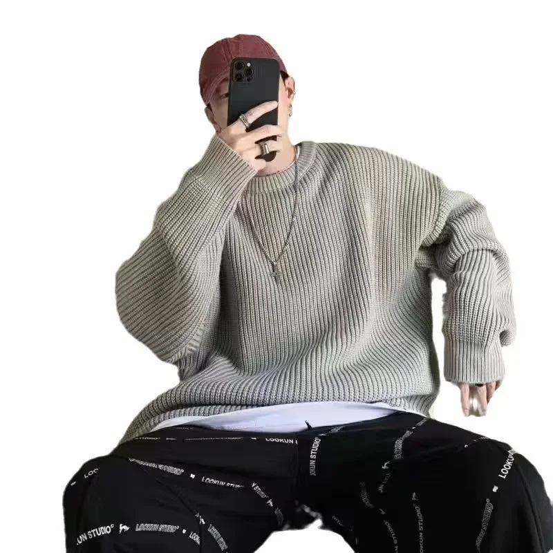 

Knit Sweater Tops Retro Casual Sweater Solid Color Inner Men Korean Version of The Fall Tide Round Neck Loose Comfortable Male