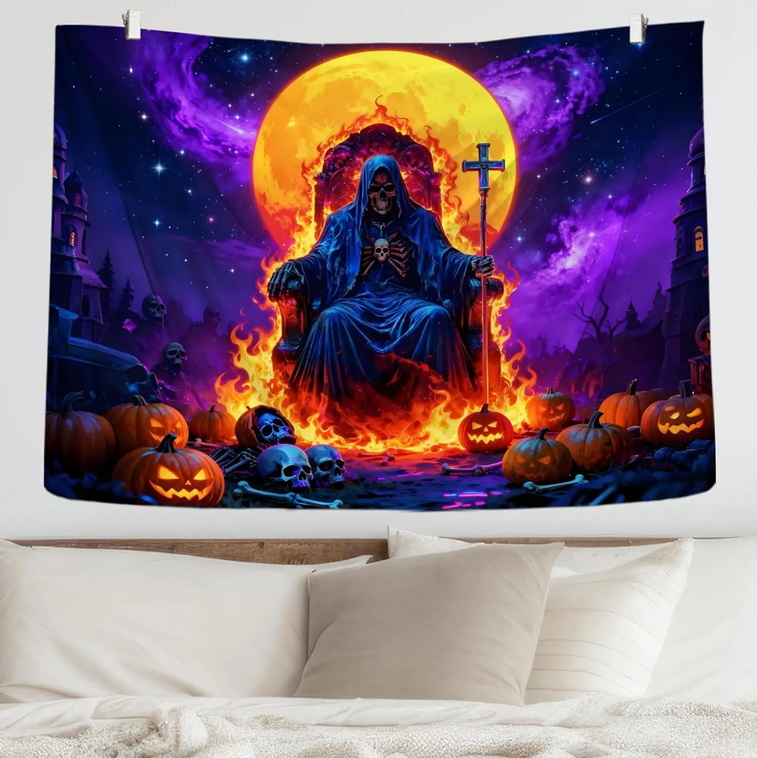 Underworld Grim Reaper Landscape Tapestry, Gothic Throne Purple Flame Halloween Scenery Wall Cloth For Home Spooky Backdrop