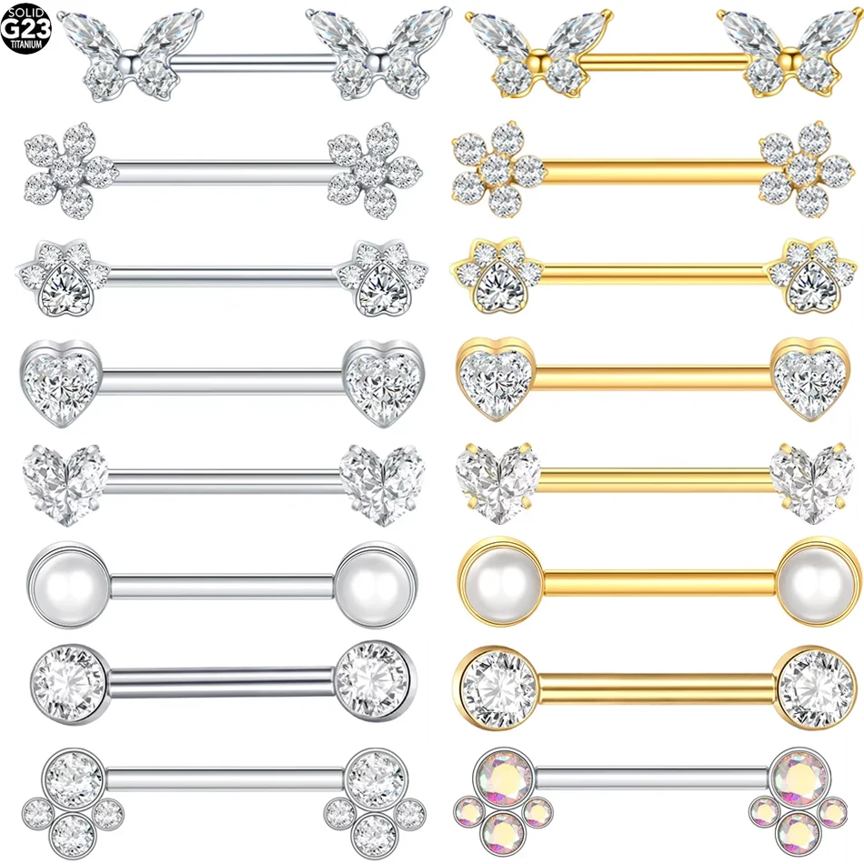 1Pc G23 Titanium Nipple Ring Straight Barbell Piercing Zircon Internally Threaded Nipple Bars Piercing Ring Women Body Jewelry