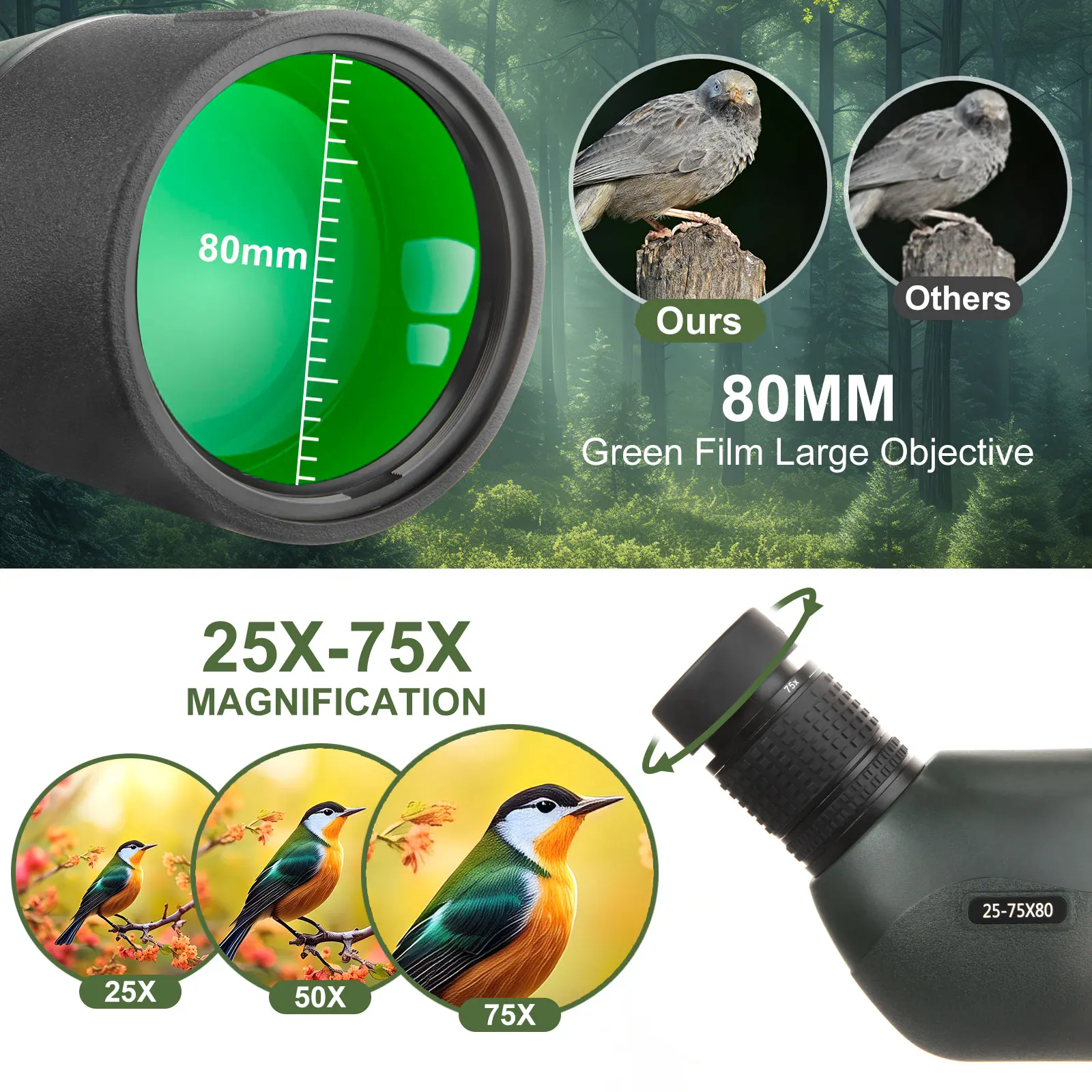 Xiyear 25-75x80 Telescope Spotting Scope Large Field Powerful Zoom Monocular With Phone Adapter Tripod For Bird Watching Camping