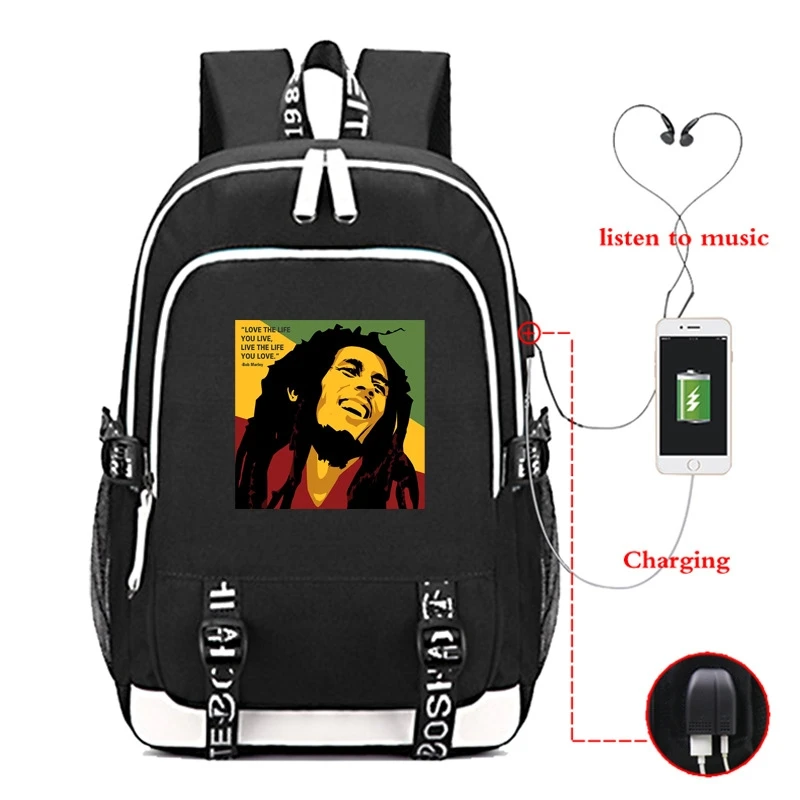 

Rock Singer Bob M-Marley Backpack USB Charging Backpack Campus Student Bag fashion backpack travel Bag